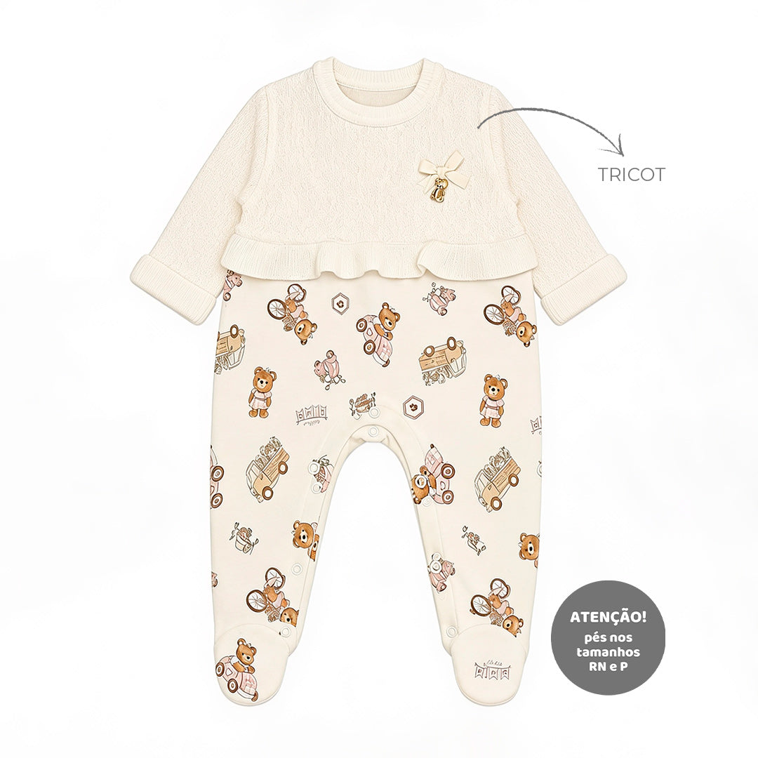 Macacão Manga Longa Sobreposto Com Babadinho Mini & CO Em Tricot E Suedine Feminino - Ursinhas