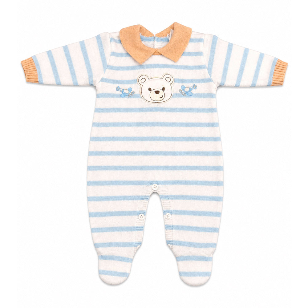 Macacão Manga Longa Tricot Listrado Ursinho Azul Masculino – Mini & Co
