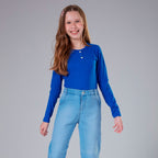 Blusinha Manga Longa Canelada Botão Nina Go - Feminina