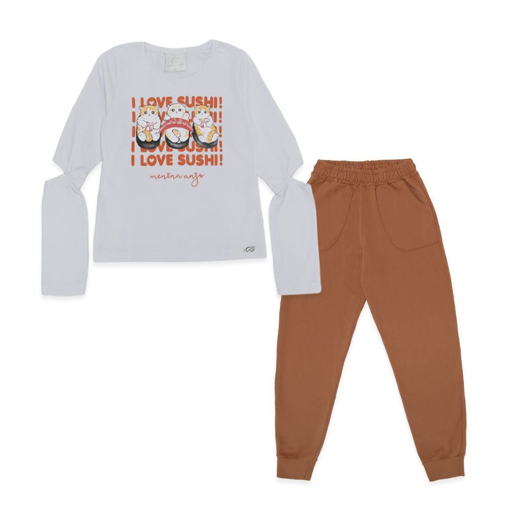 Conjunto Camiseta Manga Longa e Calça Moletom I Love Sushi Menina Anjo - Feminino