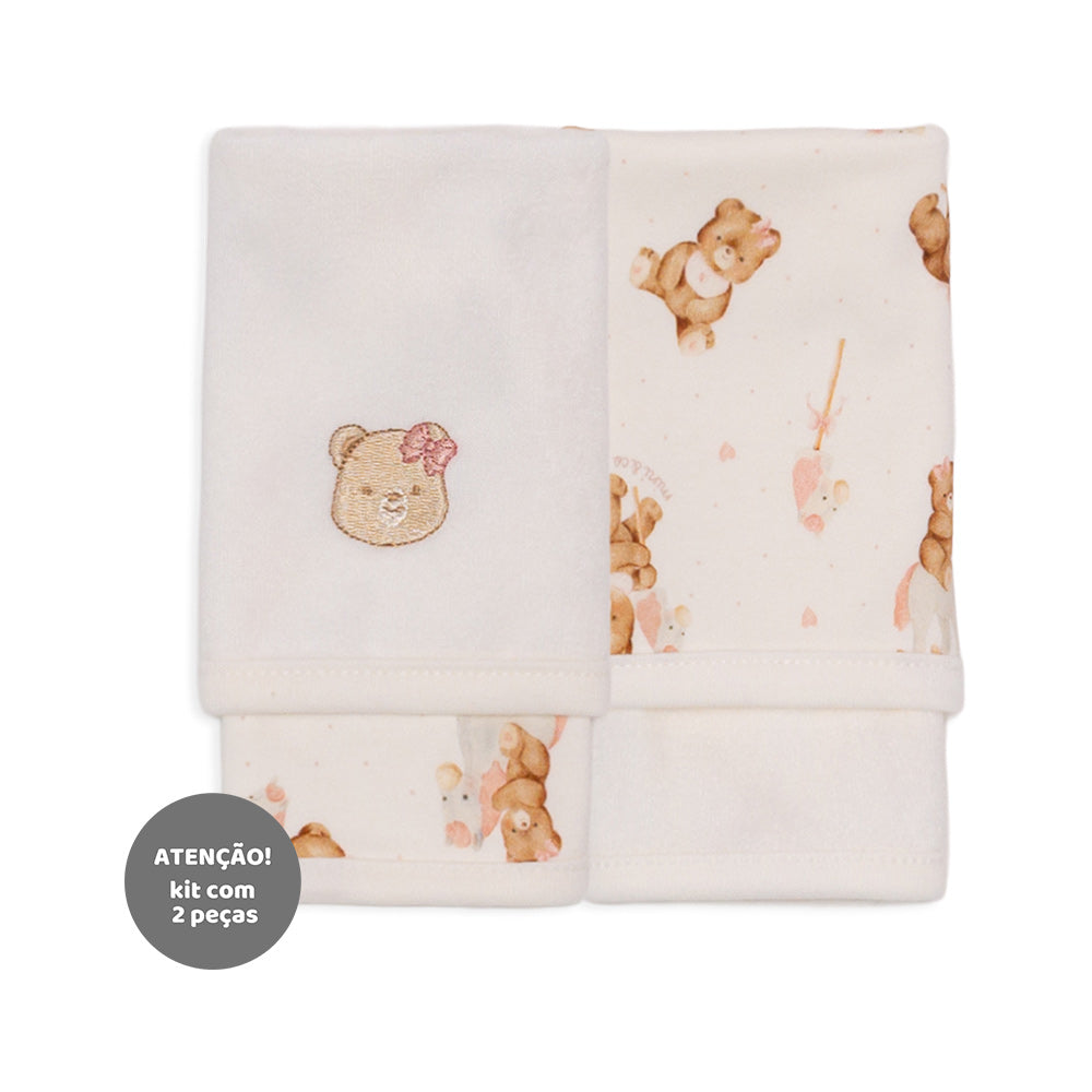 Kit 2 Toalhas de Boca Suedine Atoalhado Feminino - Ursinha e Cavalinho