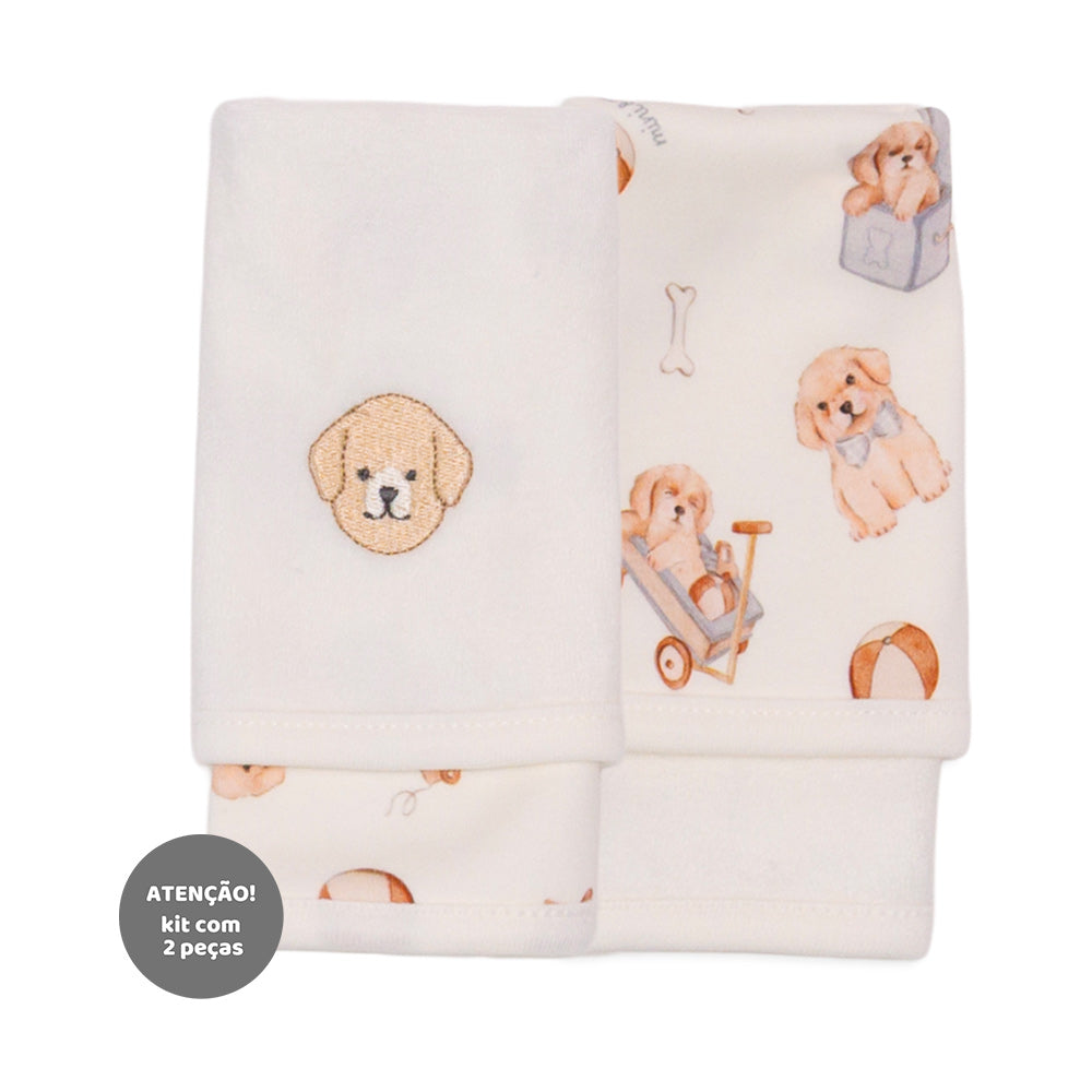 Kit de 2 Toalhas de Boca Estampadas Suedine com Forro Atoalhado Masculino - Cachorrinhos