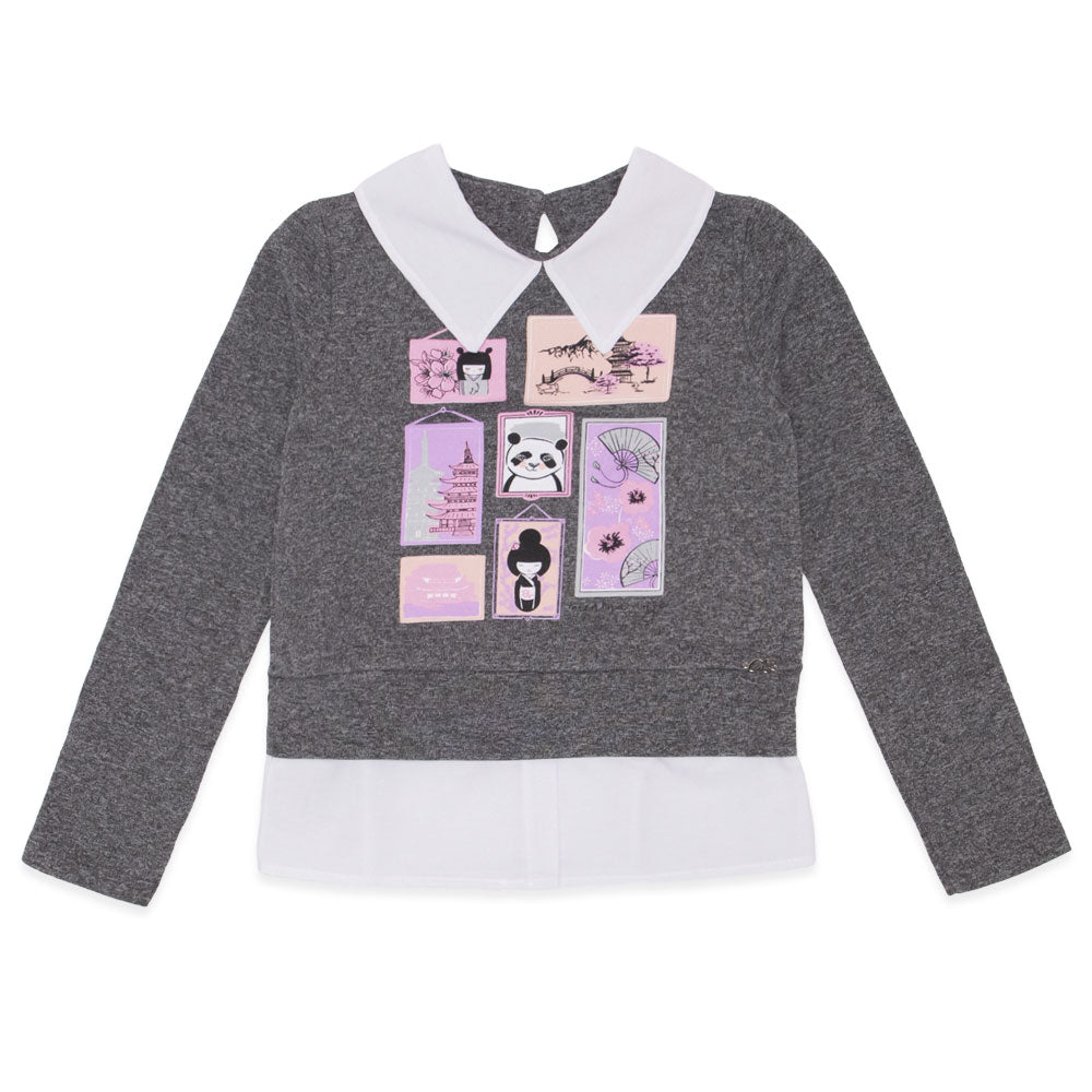 Blusinha Manga Longa Estampada Falsa Camisa Menina Anjo - Feminina