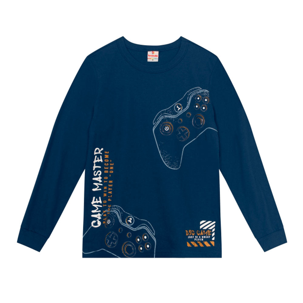 Camiseta Manga Longa Video Game Marinho Brandili - Masculina