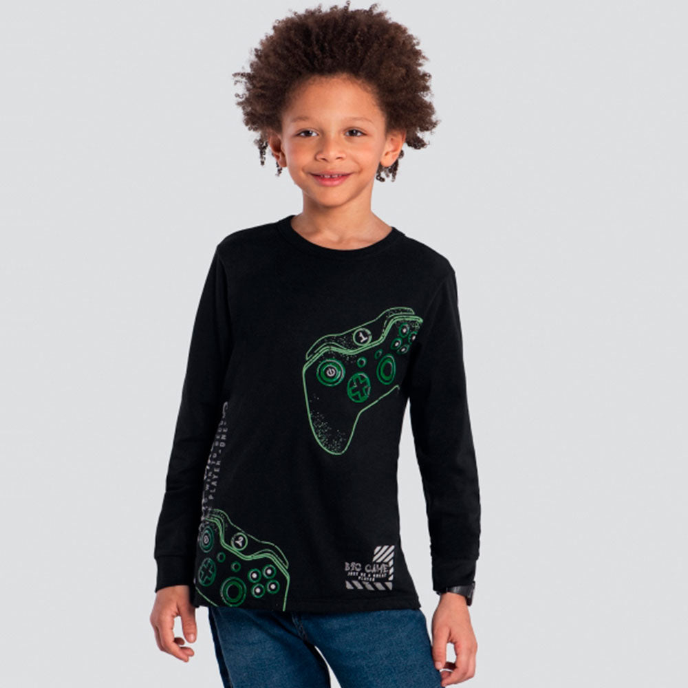 Camiseta Manga Longa Video Game Preta Brandili - Masculina
