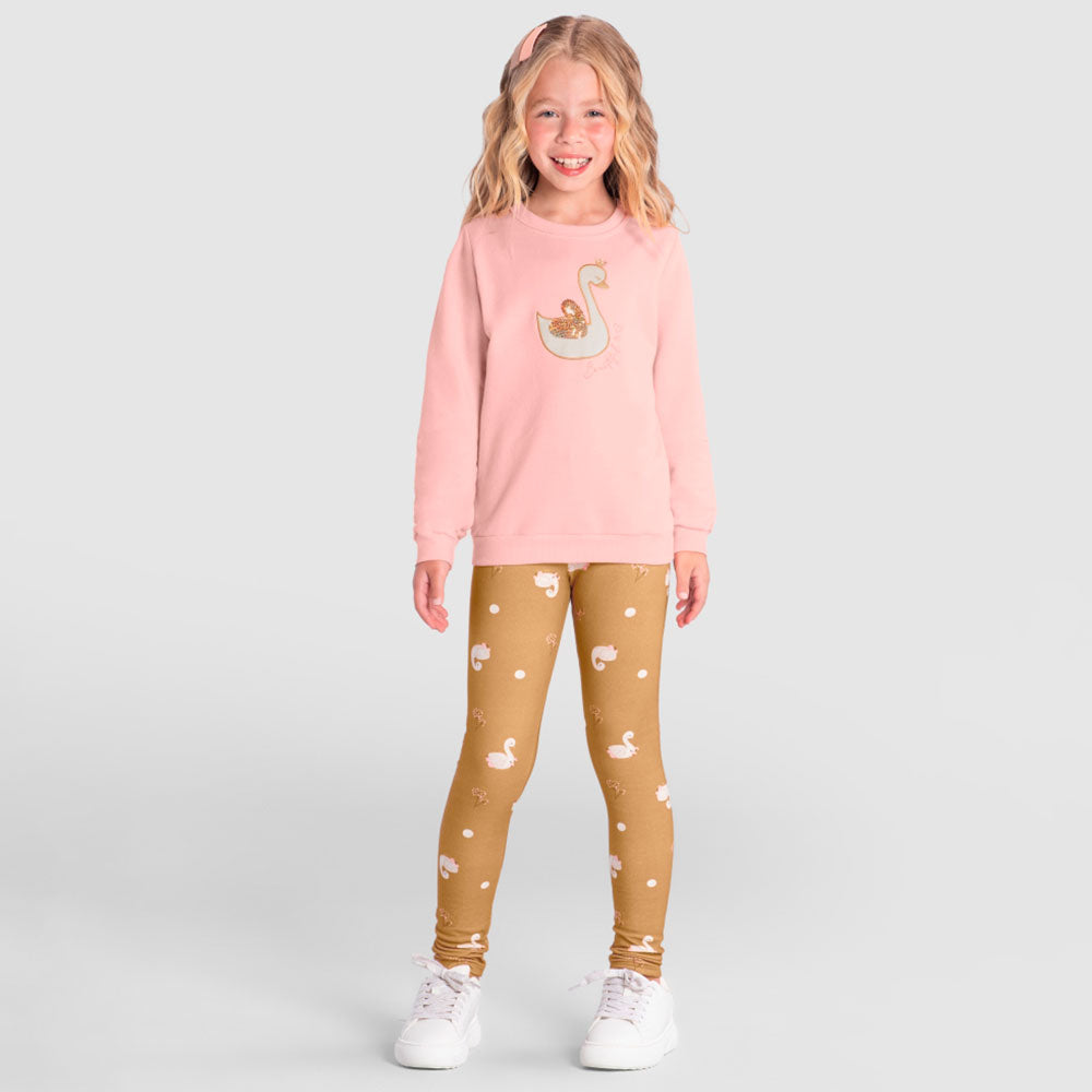 Conjunto Blusão Moletom e Calça Legging Cisne Rosa Brandili - Feminino