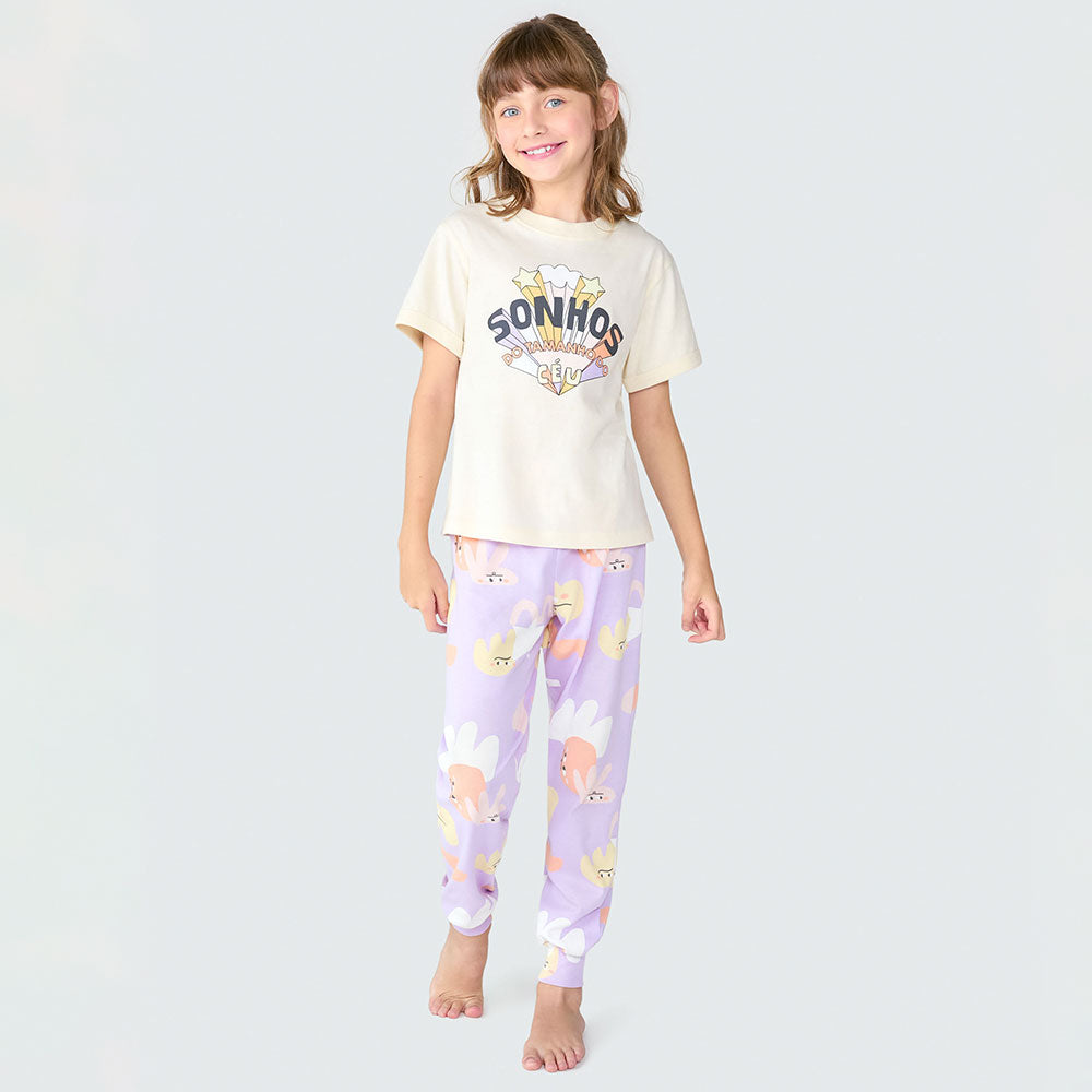Pijama Manga Curta e Calça Sonhos Hering Infantil Bege - Feminino