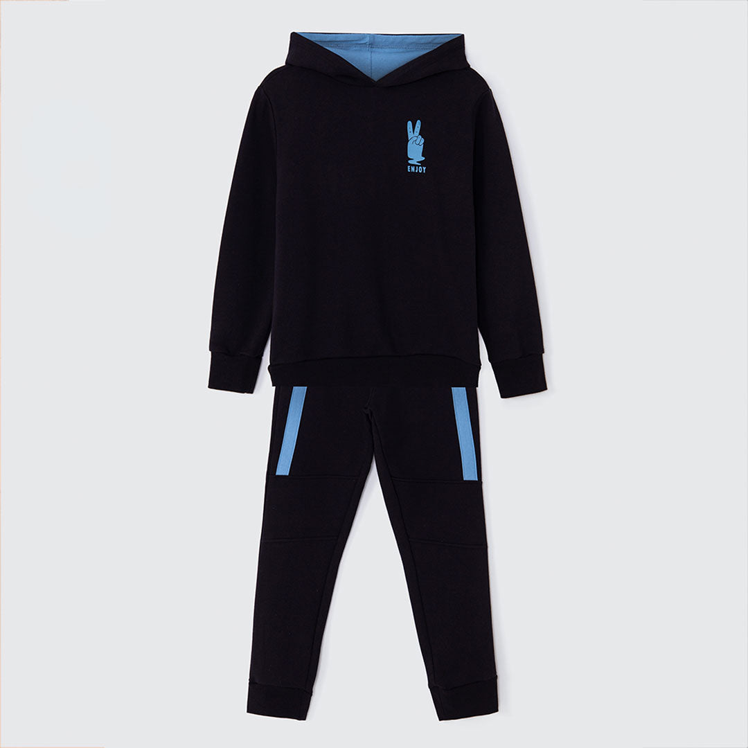 Conjunto Blusão com Capuz e Calça Preto e Azul Hering - Masculino