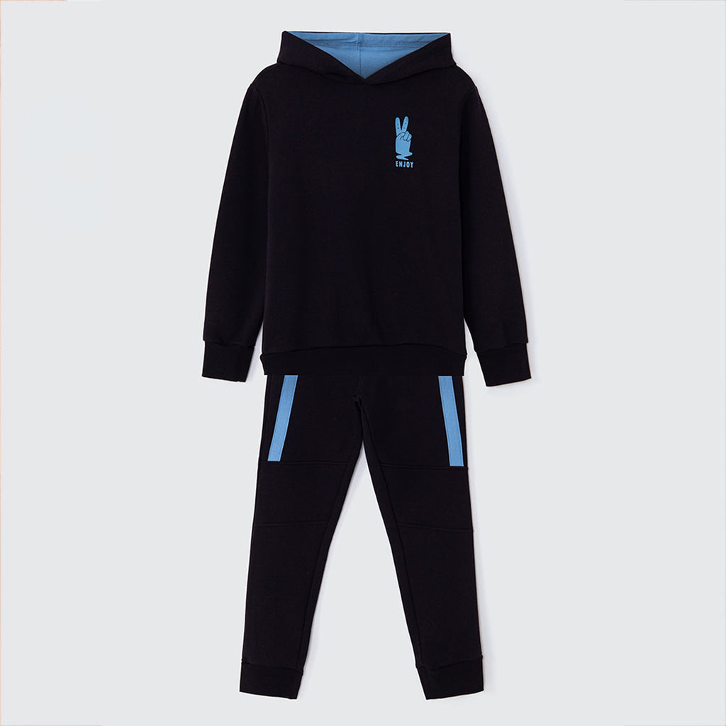 Conjunto Blusão com Capuz e Calça Preto e Azul Hering Infantil - Masculino