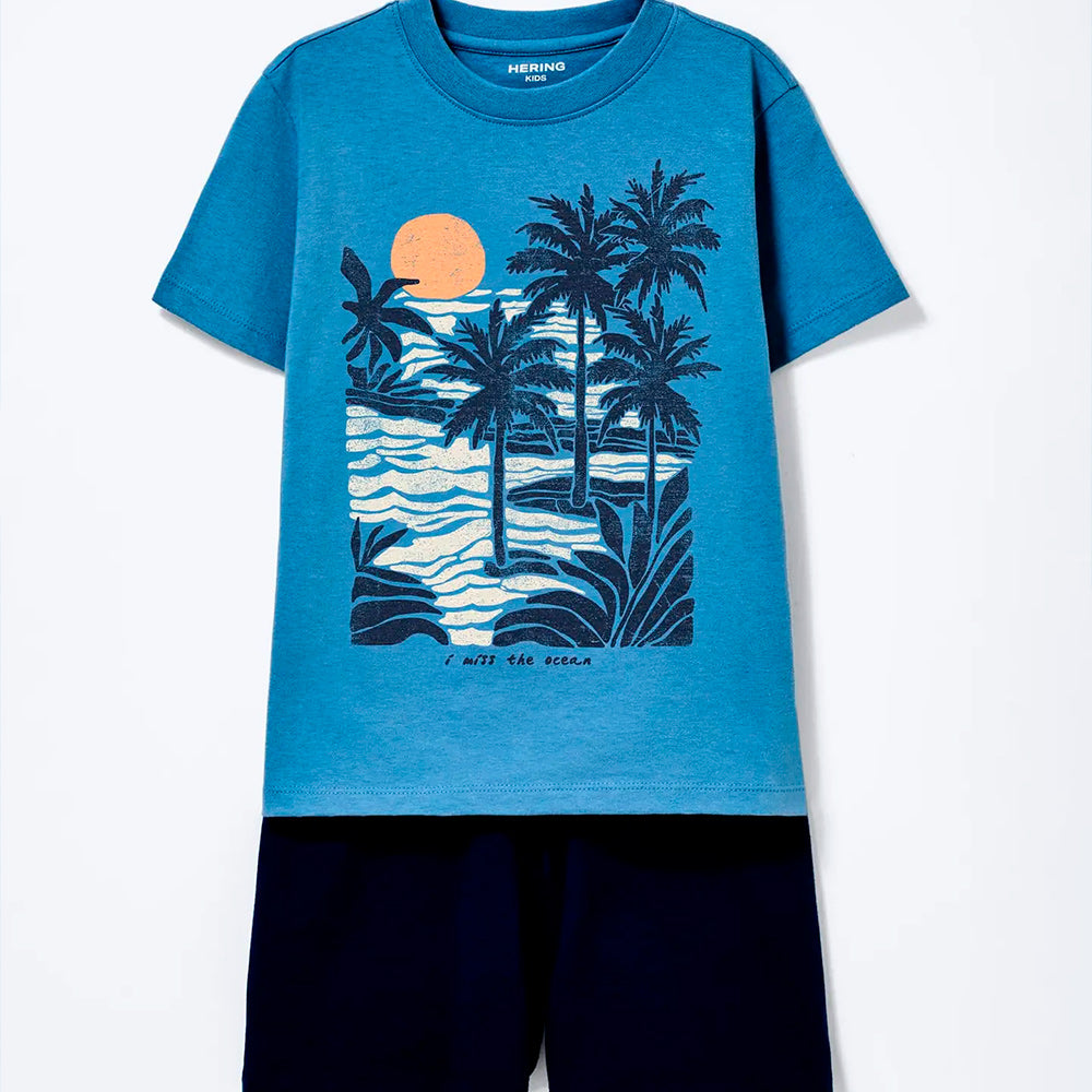 Conjunto Camiseta Manga Curta E Bermuda Hering Kids Estampado Masculino - Azul