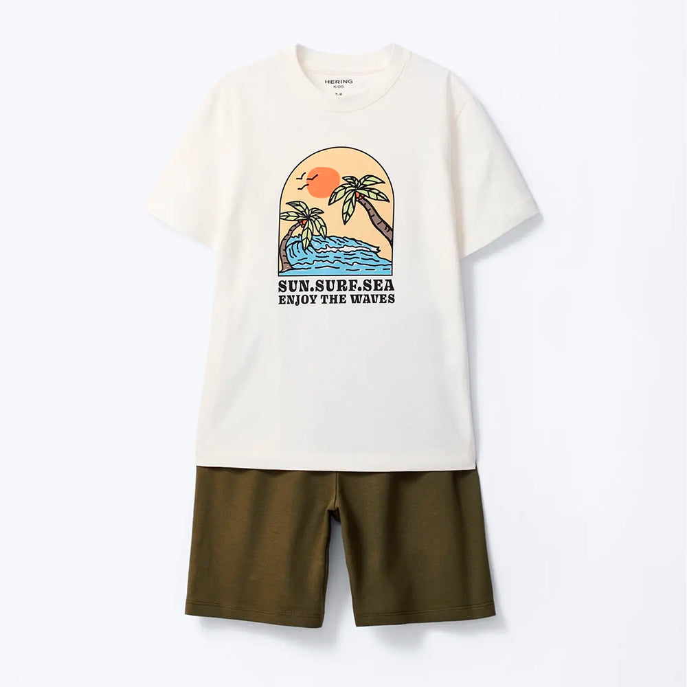Conjunto Camiseta Manga Curta E Bermuda Hering Kids Estampado Masculino - Off-White