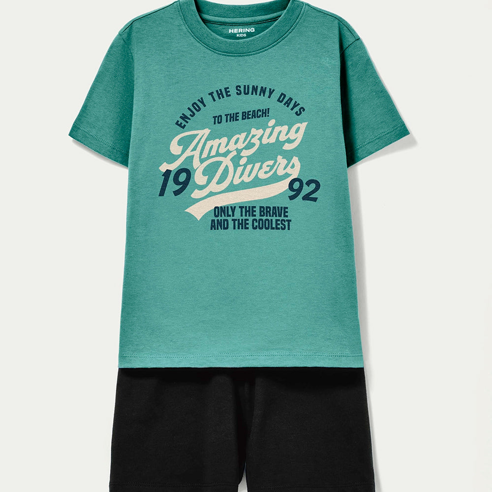 Conjunto Camiseta Manga curta e Bermuda Hering Infantil Estamapdo Masculino - Verde/Azul