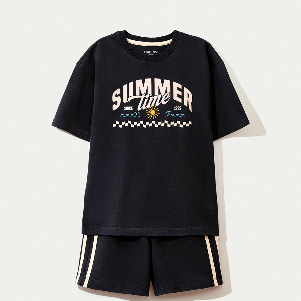 Conjunto Camiseta Manga Curta e Bermuda Hering Kids Estampado Masculino - Preto