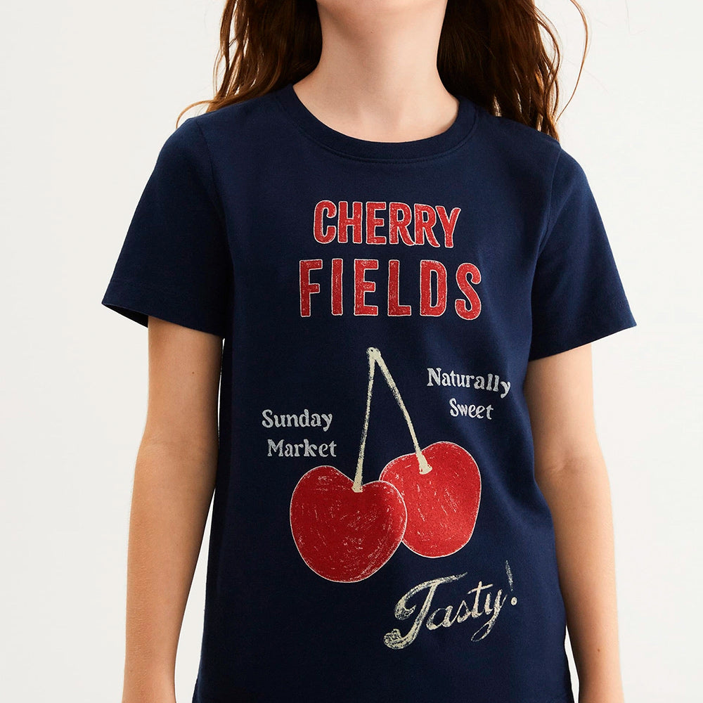 Camiseta Manga Curta Hering Infantil Cherry Fields Feminina - Azul