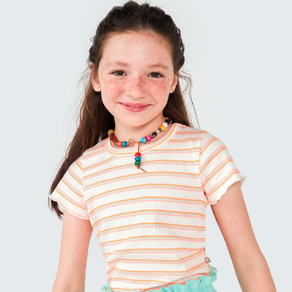 Blusa Manga Curta em Ribana com Frufru Listrada Hering Infantil - Feminino
