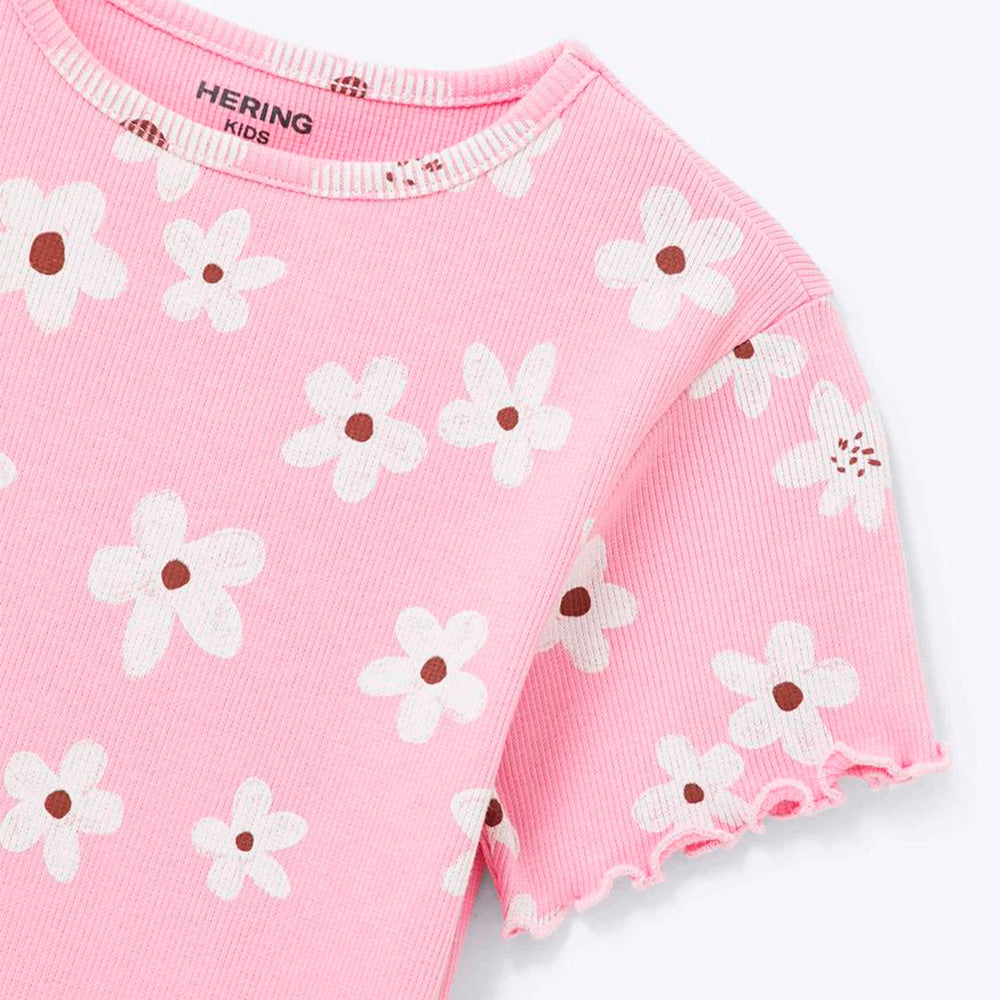 Blusa Manga Curta Hering Infantil Em Ribana Estampada Feminina - Rosa