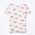 Blusa Manga Curta Hering Infantil Em Ribana Estampada Feminina - Creme