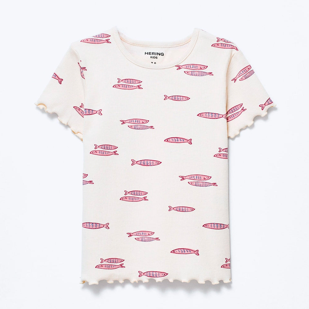 Blusa Manga Curta Hering Infantil Em Ribana Estampada Feminina - Creme