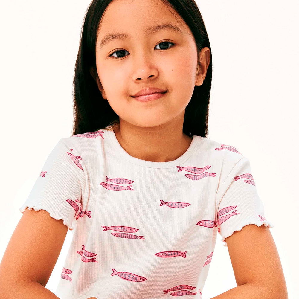 Blusa Manga Curta Hering Infantil Em Ribana Estampada Feminina - Creme