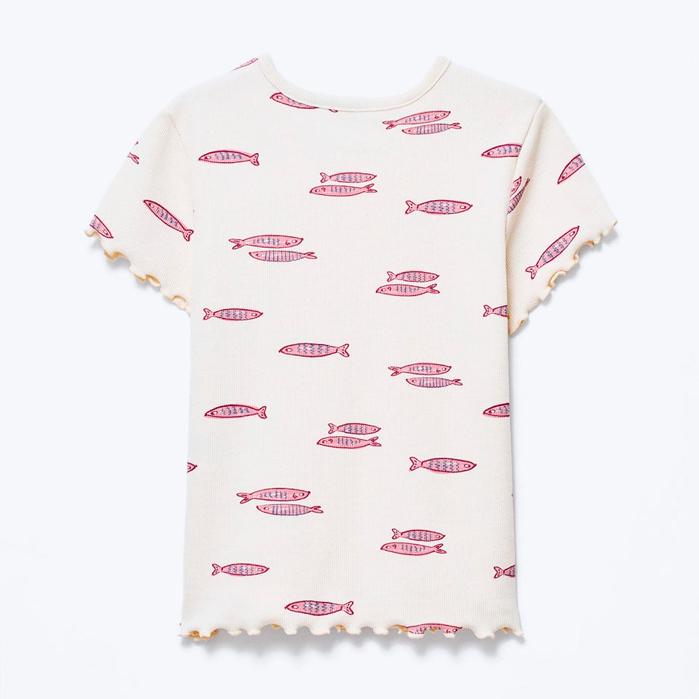 Blusa Manga Curta Hering Infantil Em Ribana Estampada Feminina - Creme