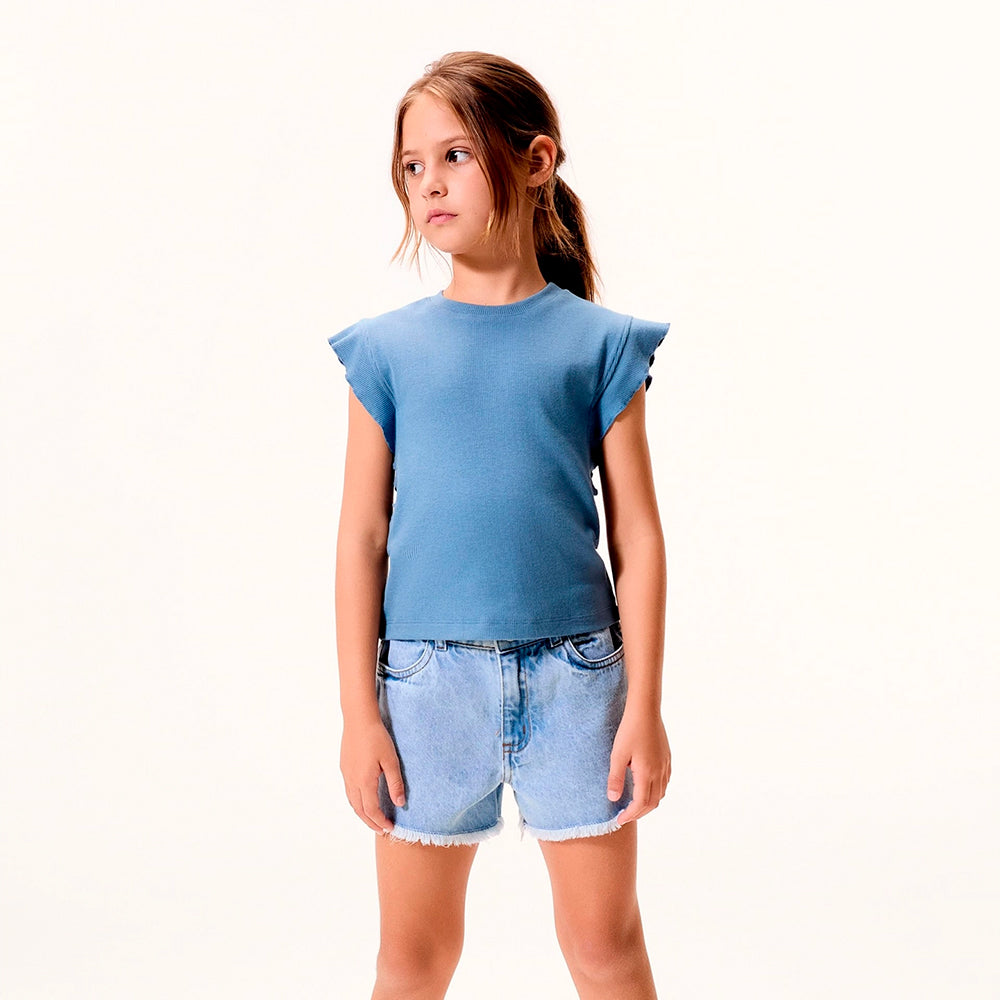 Blusa Manga Curta Hering Infantil Em Ribana Feminina - Azul