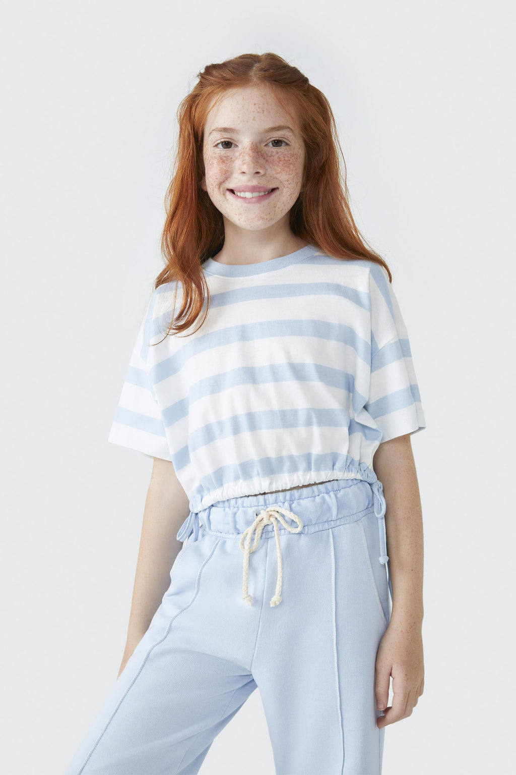 Blusinha Manga Curta Listrada Azul com Elastico Hering Infantil - Feminina