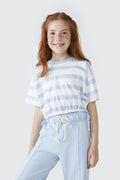 Blusinha Manga Curta Listrada Azul com Elastico Hering Infantil - Feminina