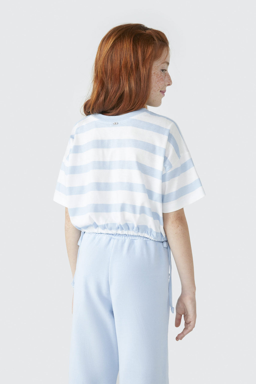 Blusinha Manga Curta Listrada Azul com Elastico Hering Infantil - Feminina