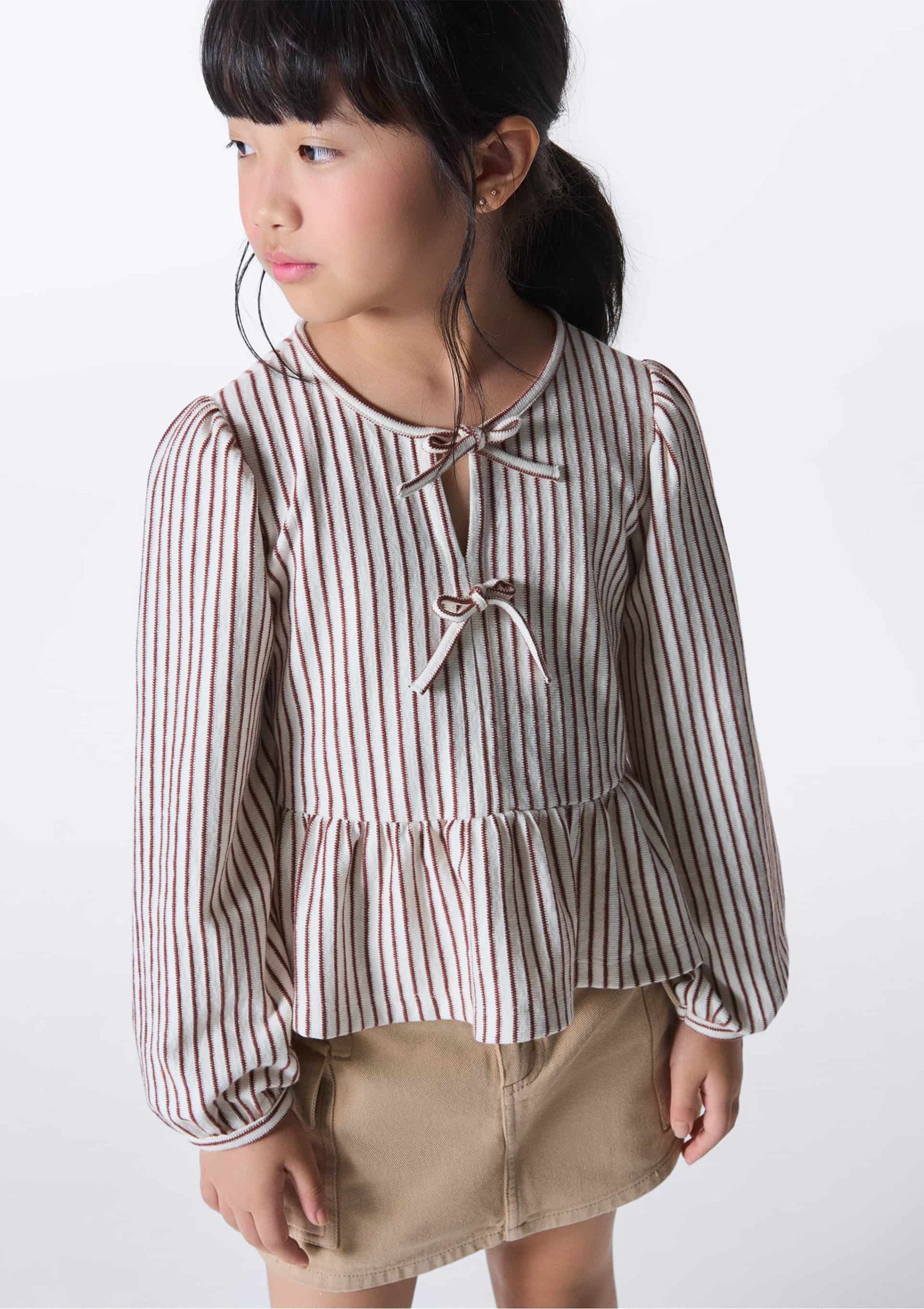 Blusinha Bata Manga Longa Listrada Marrom Hering - Feminina