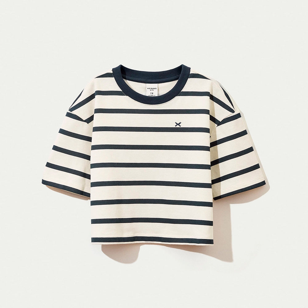 Camiseta Manga Curta Boxer Hering Infantil Oversized Listrada Feminina - Azul