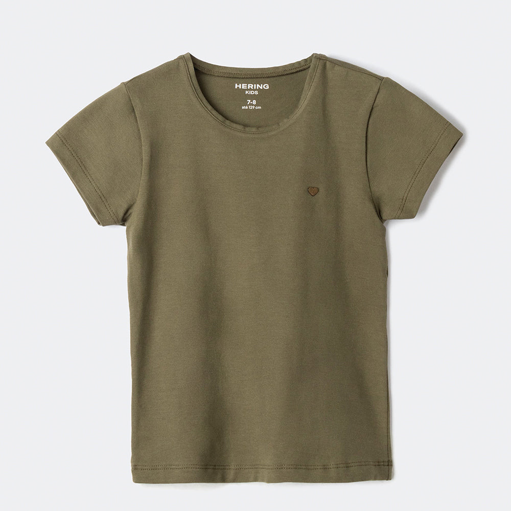 Blusa Básica Manga Curta Slim Com Bordado Coração Hering Kids Feminina - Verde