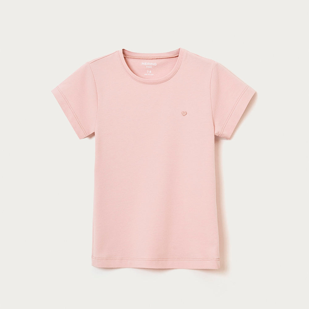 Blusa Básica Manga Curta Slim Com Bordado Coração Hering Kids Feminina - Rosa