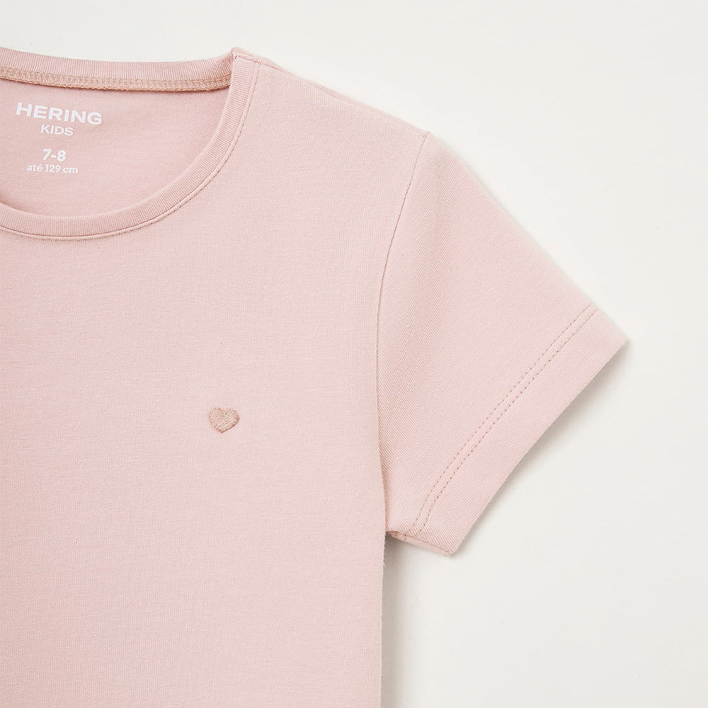 Blusa Básica Manga Curta Slim Com Bordado Coração Hering Kids Feminina - Rosa