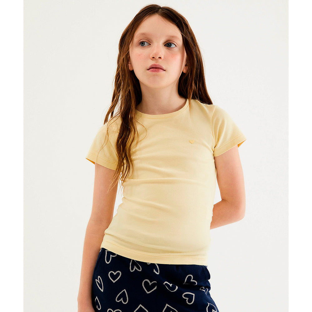 Blusa Básica Manga Curta Slim Com Bordado Coração Hering Kids Feminina - Amarelo