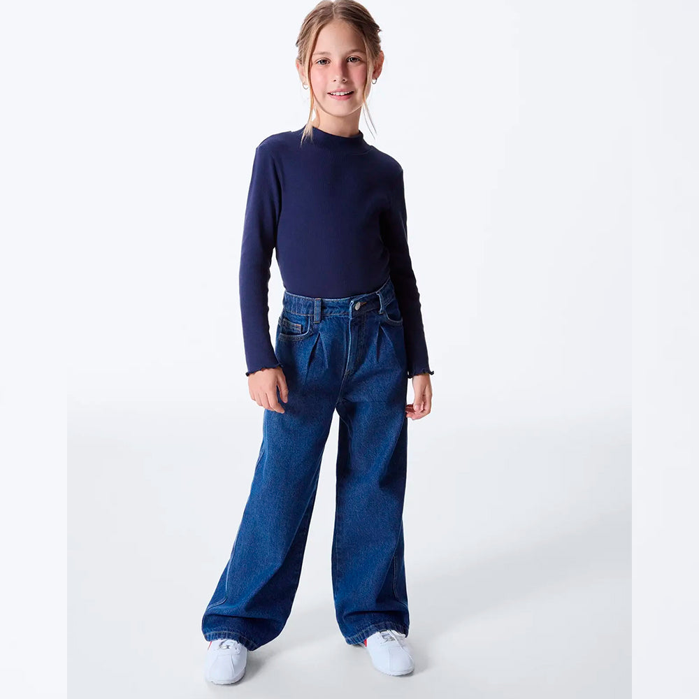 Blusa Manga Longa Gola Alta Hering Com Fru Fru Feminino- Azul