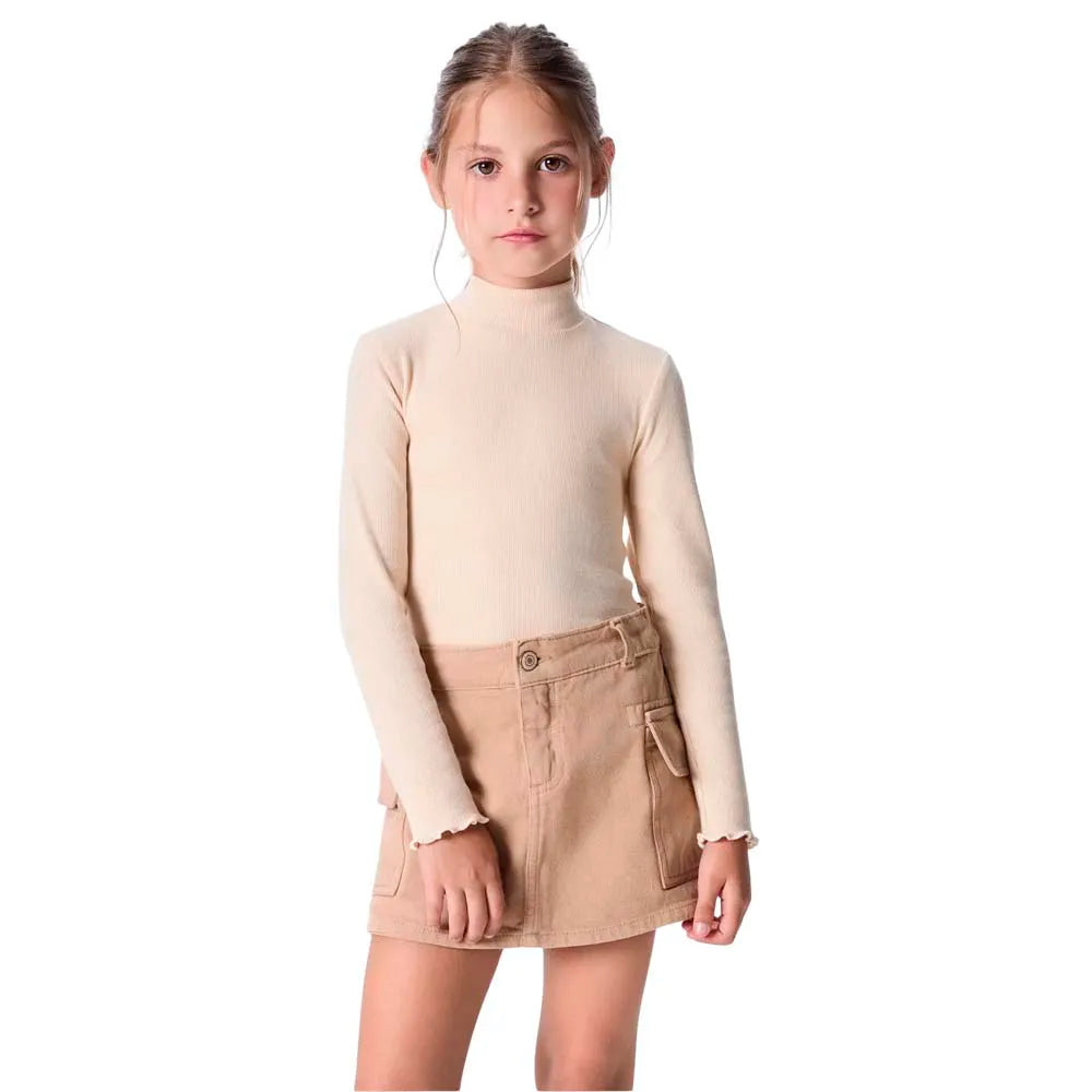 Blusa Manga Longa Gola Alta Hering Com Fru Fru Feminino- Bege