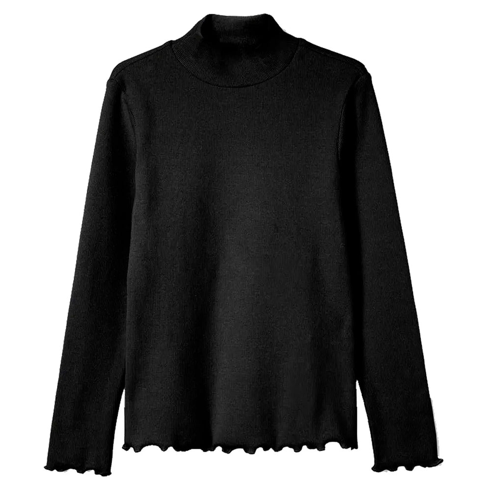 Blusa Manga Longa Gola Alta Hering Com Fru Fru Feminino- Preto