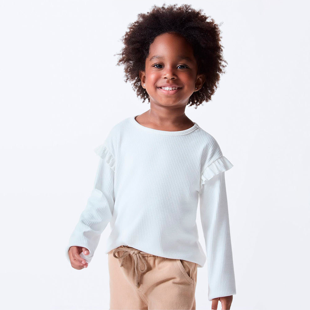 Blusa Manga Longa Infantil com Babados Off White Hering – Feminina