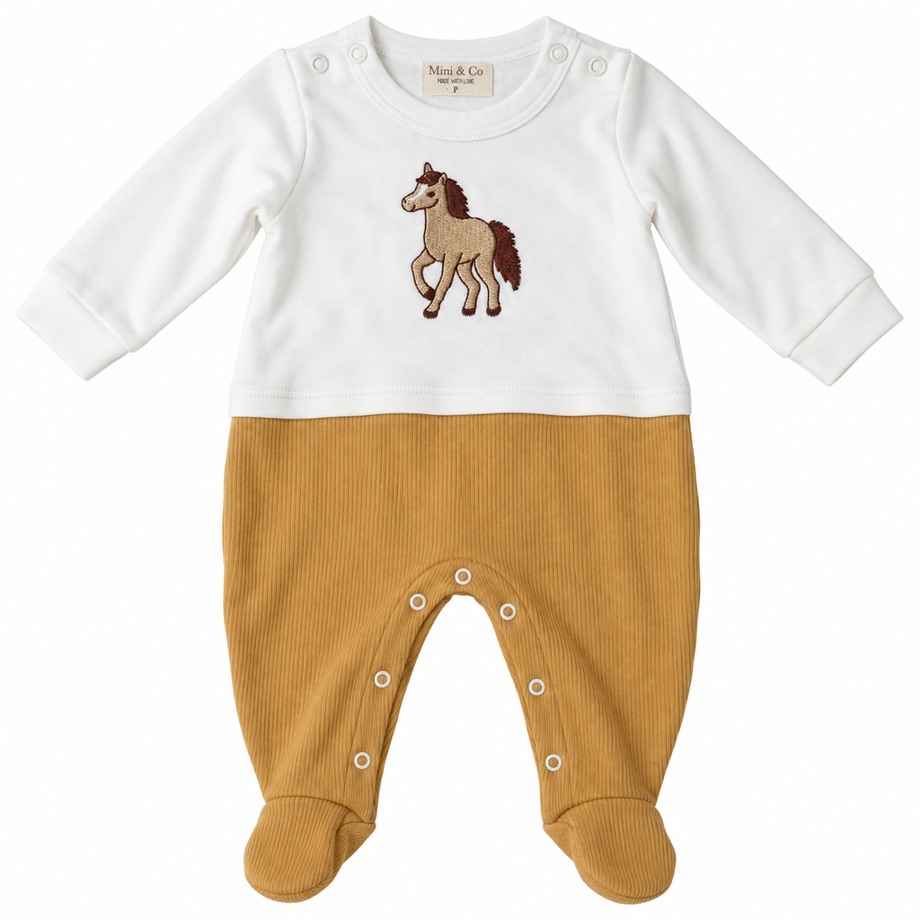 Macacão Manga Longa Sobreposto Suedine e Tricot Menino Mini & Co - Cavalinho Caramelo