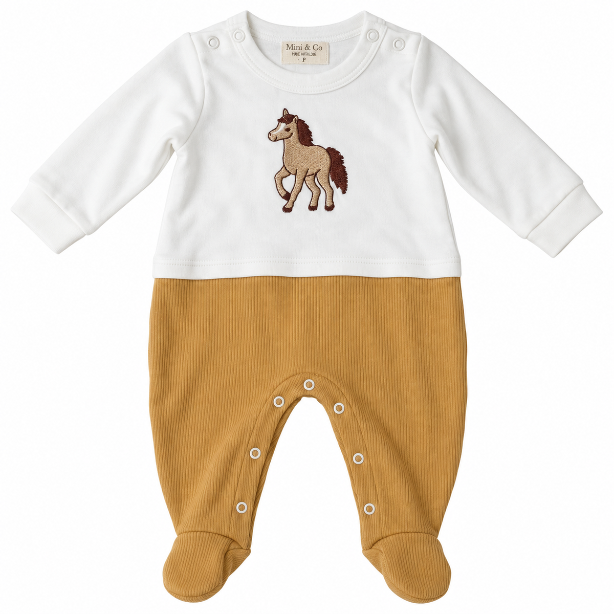 Macacão Manga Longa Sobreposto Suedine e Tricot Menino Mini & Co - Cavalinho Caramelo