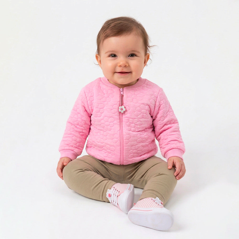 Jaqueta Bomber Matelassê Flores Rosa Bygus Feminina