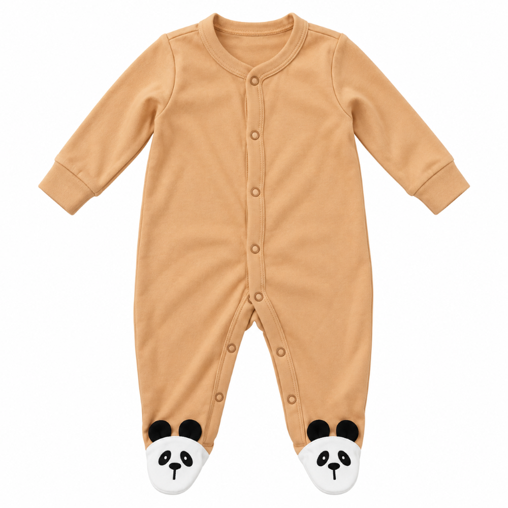 Macacão Manga Longa Pezinho Panda Suedine Unissex Babycotton - Caramelo