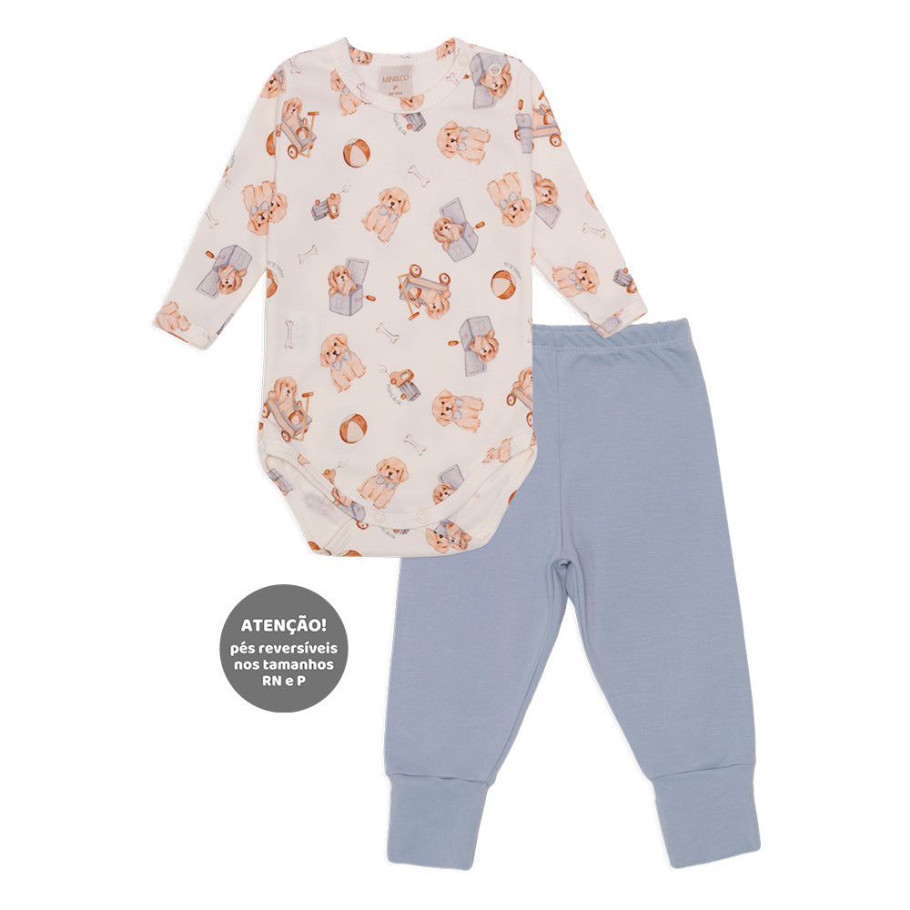 Conjunto Body Manga Longa Estampado e Mijão Liso Suedine Masculino - Cachorrinhos