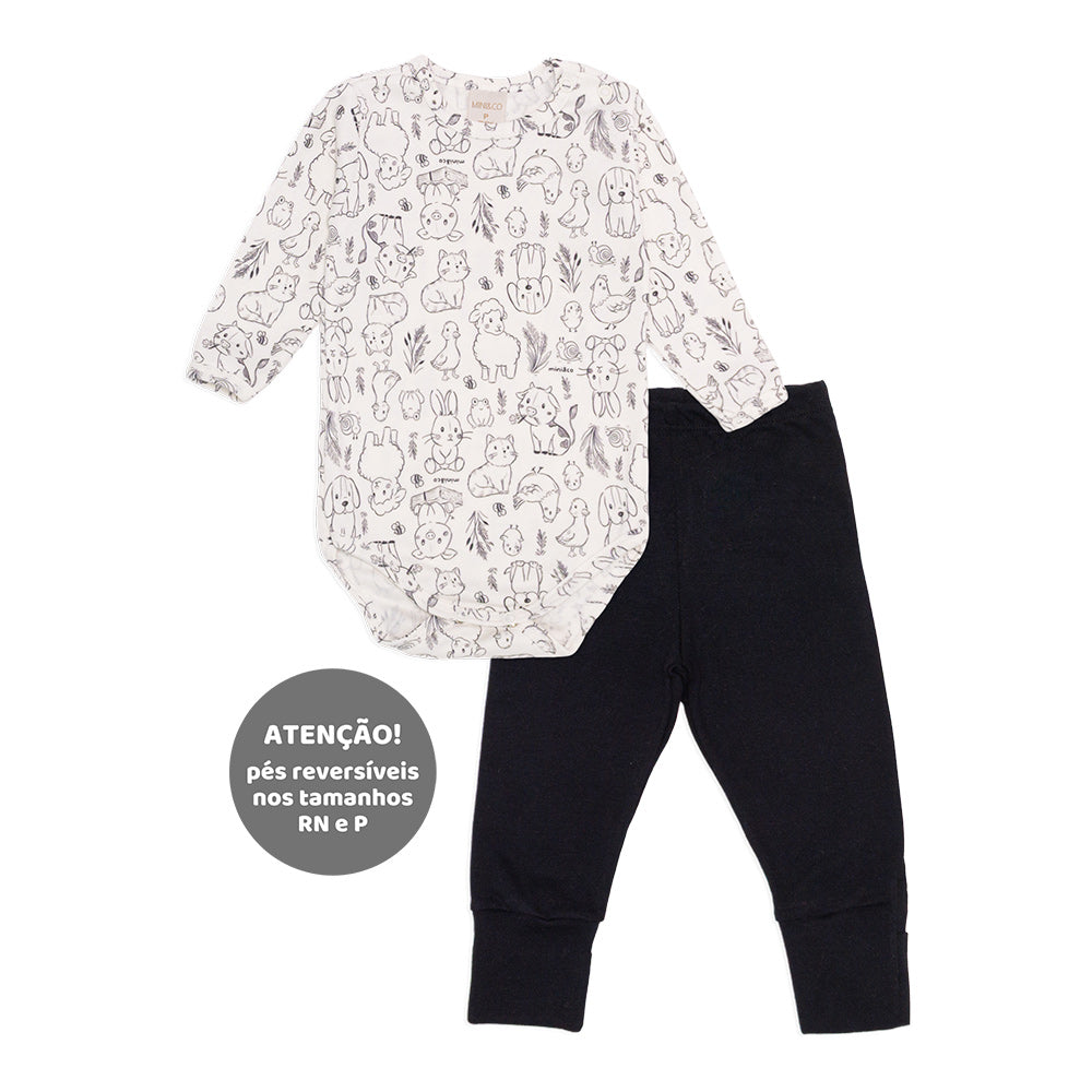 Conjunto Body Manga Longa Estampado e Mijão Liso Suedine Unissex - Fazendinha