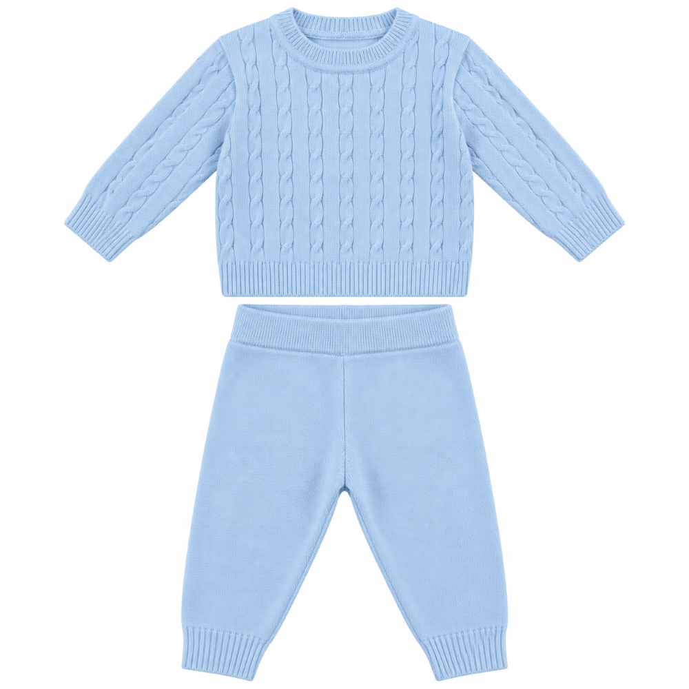 Conjunto Suéter e Calça Tricot Tranças Masculino Mini & Co - Azul Bebê