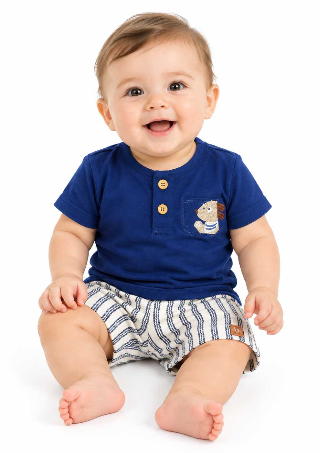 Conjunto Camiseta Manga Curta e Shorts Listrado Bebê Menino Brandili - Marinho/Off-White