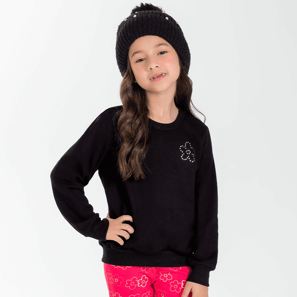 Blusão Moletom Peluciado Aplique Flor Cativa - Feminino