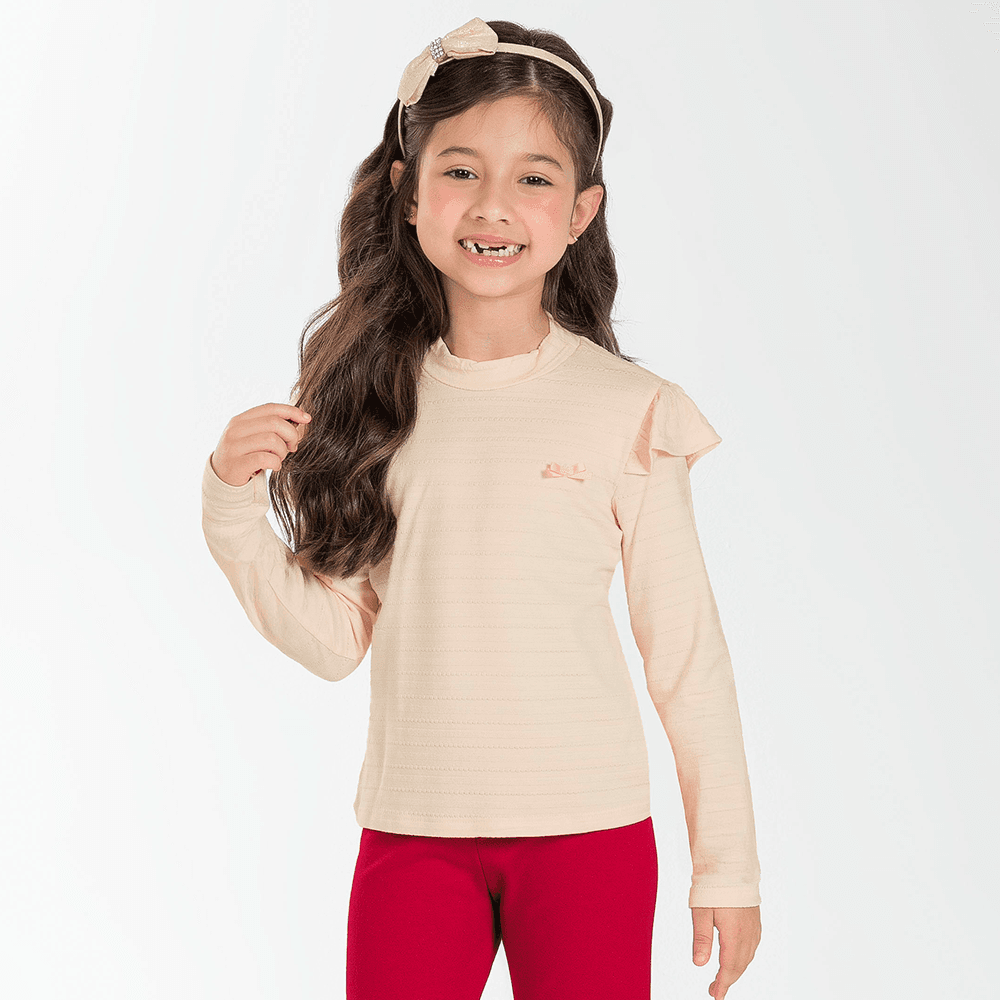 Blusa Manga Longa Babado Viscose Listrada Cativa - Feminina