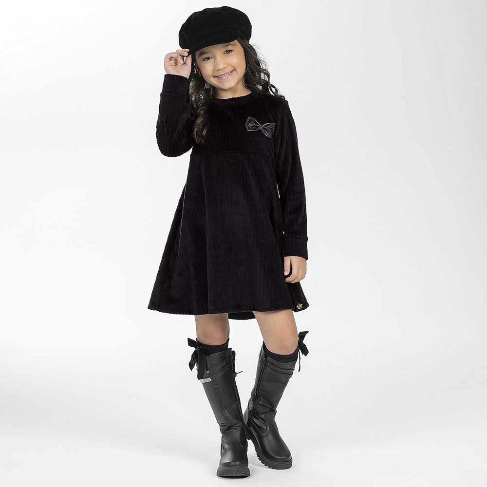 Vestido Manga Longa Aveludado com Laço Cativa - Feminino