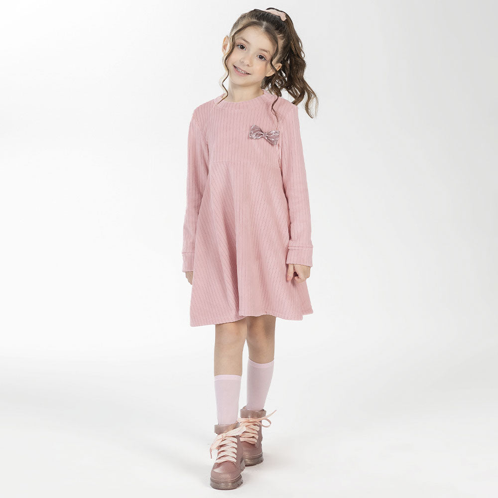 Vestido Manga Longa Aveludado com Laço Cativa - Feminino